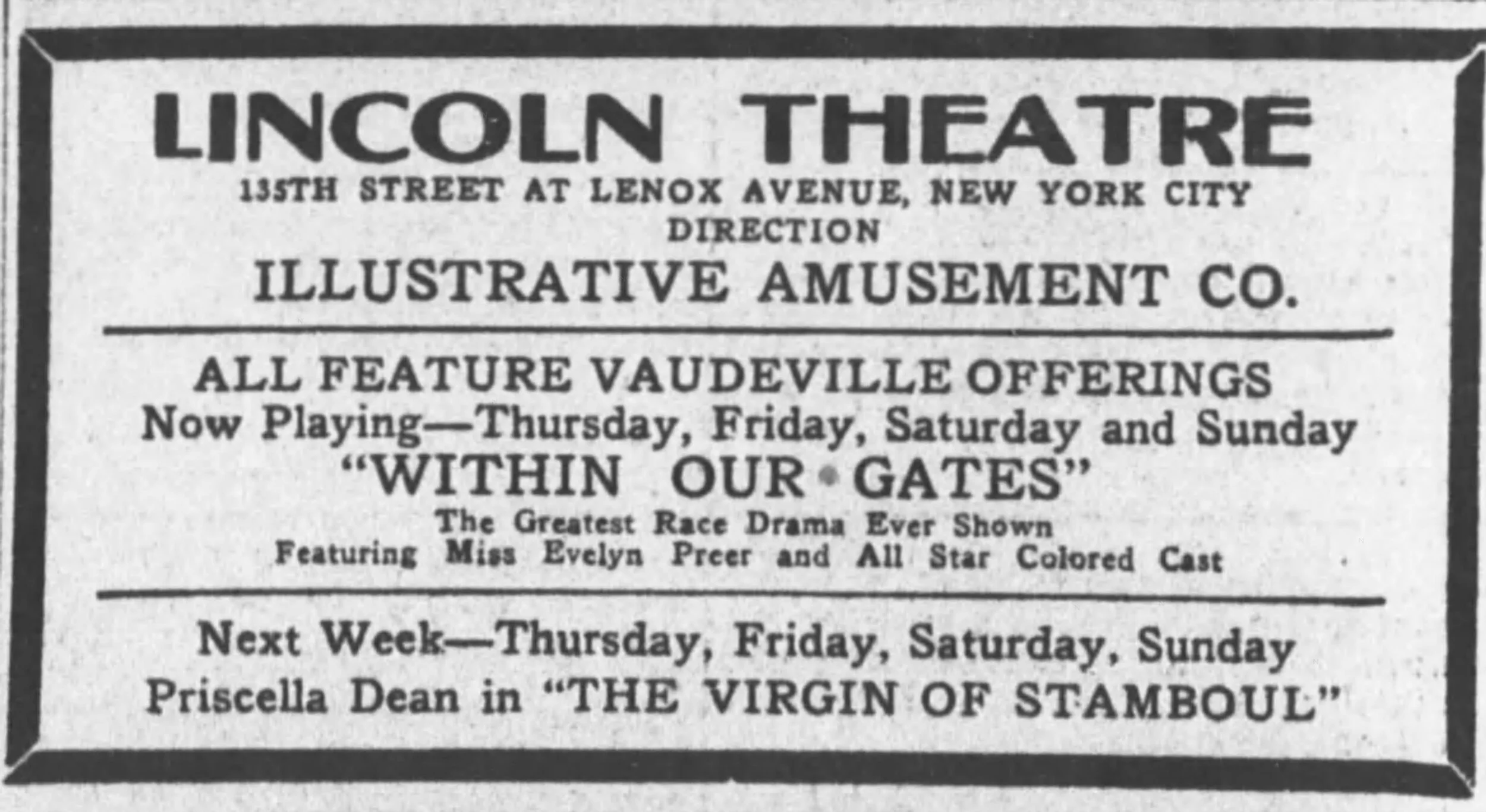 Oscar Micheaux's Within Our Gates — NY 1920s